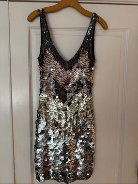 Stunning Parker Sequin Dress Size Small Sequin V-Neck Cocktail Dress - Silver